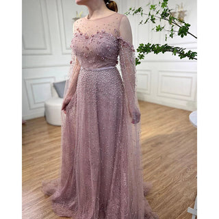 Arabic Pink Mermaid Elegant Cape Sleeves Evening Dress: Pearls Beaded Gown for Women's Wedding Party 2024