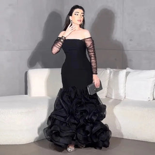 2024 Off-the-Shoulder Black Mermaid Evening Dress - Long Sleeves Formal Party Gown for Women in Dubai