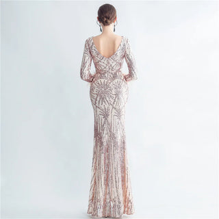 Stretch Feather Sequin Full Sleeve Evening Maxi Dress