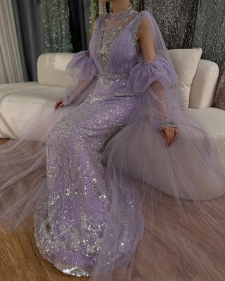 2024 Arabic Lilac Mermaid Evening Gown with Puffy Sleeves and Sparkling Beaded Detailing - Long Dress for Formal Occasions