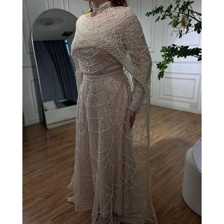 Ships in 1 to 3 Days – Elegant Hijab Muslim Nude A-Line Long Cape Evening Dress - Luxury Dubai Gown for Women's Wedding Party 2024