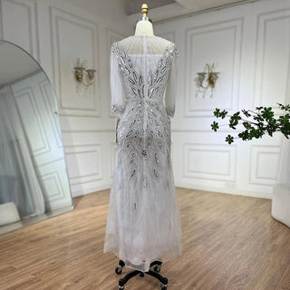 Arabic Silver White Luxury Beaded Dubai Ankle-Length Evening Dress - Gown for Women's Wedding Party 2024