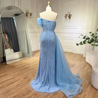 Blue Mermaid Elegant One-Shoulder Evening Dress with Luxury Pearls Beading - Women's Wedding Party Gown (2024)