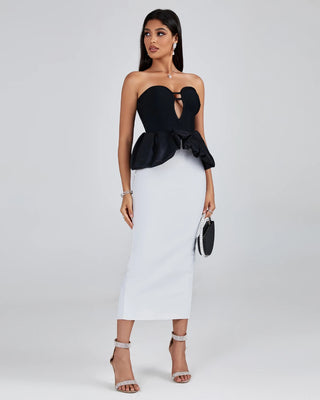 Fall 2023 Women’s Colorblock Strapless Black and White Off-Shoulder Sexy Evening Dress - Party and Club Wear