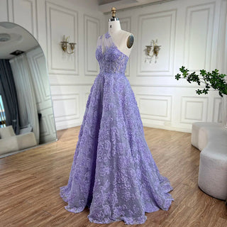 Ships in 1 to 3 Days - 2024 Arabic Lilac One-Shoulder A-Line Lace Appliques Luxury Prom Dress for Women's Party