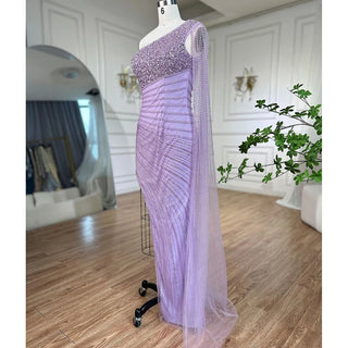 Lilac Mermaid Elegant One-Shoulder High Split Beaded Evening Dress - Women's Wedding Party 2024