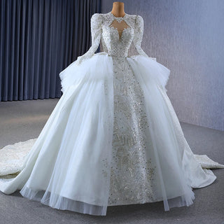 Luxury High Neck Long Sleeve Bridal Puffy Wedding Gown