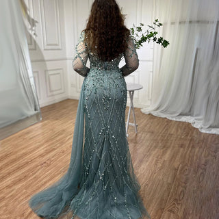 Ships in 1 to 3 Days - Turquoise High Split Mermaid Long Sleeves Evening Dress with Beading for Women Wedding Party