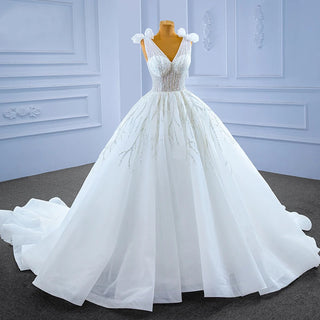 Lace White Bow Modest Sequin Bridal Ball Gown Wedding Dress