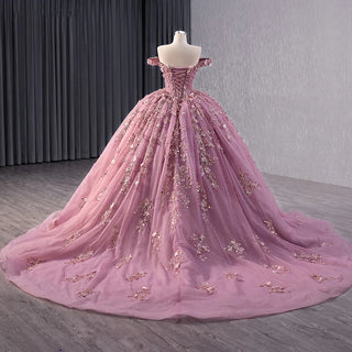 Princess Pink Appliquéd Flower Quinceañera Dress with Long Train