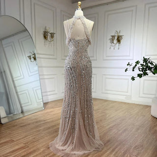 Dubai Silver Nude Spaghetti Strap Evening Dress - Luxurious Beaded Prom Gown for Women's Party 2024