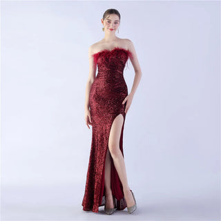 Sexy Mermaid Prom Dress with Pleats, Split, and Feather Accents - Evening Gown