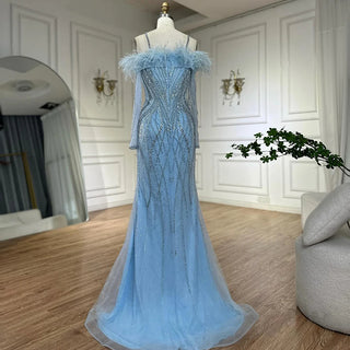 Blue Feather Beaded Luxury Mermaid Evening Dress for Women Formal Occasion