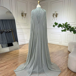 Ships in 1 to 3 Days - Muslim Sage Green Mermaid Cape Sleeves Beaded Satin Luxury Evening Dresses Gowns for Women | Party 2024