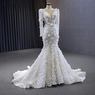 Elegant V-Neck Appliqued Flower Mermaid Wedding Long Dress