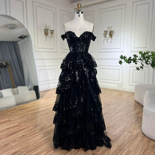 Arabic Black High Split Spaghetti Strap A-Line Lace Beaded Evening Dresses Gowns for Women's Wedding Party