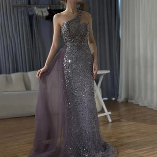 2024 Purple One-Shoulder Saudi Arabic Evening Gown with Beaded Side Overskirt for Formal Occasions