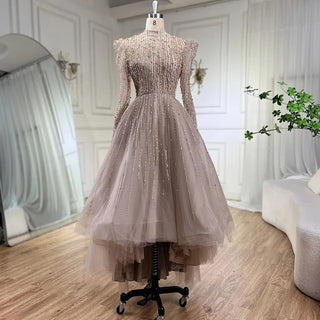 Muslim A-Line Luxury Pearls Beaded Nude Midi Ankle-Length Evening Dress - Formal Women's Wedding Party