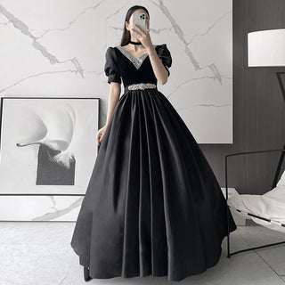 Stunning Black V-Neck Prom Dress with Floor-Length Satin Skirt for Women