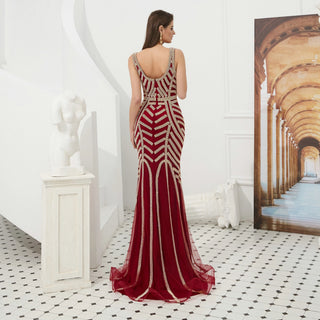 Luxury Full Beaded Mermaid Evening Dresses: Sexy Deep V-Neck Sleeveless Sparkle Burgundy Long Party Gowns