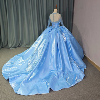 Crystal Long Sleeve Beaded Baby Blue Evening Party Gown