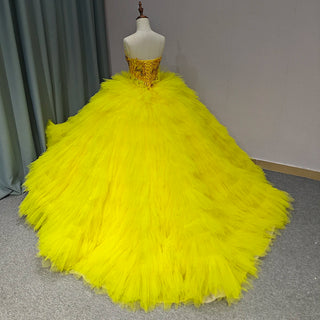 Princess Yellow Strapless Puffy Quinceañera Long Party Dress