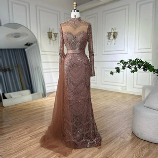 Ships in 2 to 5 Days - Caramel Beaded Mermaid Evening Gown with Side Overskirt – 2025 Custom Design