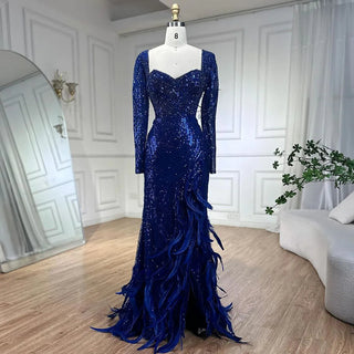 Ships in 1 to 3 Days: 2024 Royal Blue Mermaid Sparkle Beaded Luxury Long Evening Dress - Gown with Beaded Feathers for Women's Party