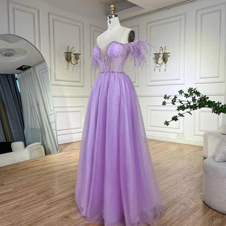 Ships in 1 to 3 Days - Dubai Arabic Elegant Lilac Feathers Beaded A-Line Evening Gown 2024 Luxury Dress for Women Long Party Dress