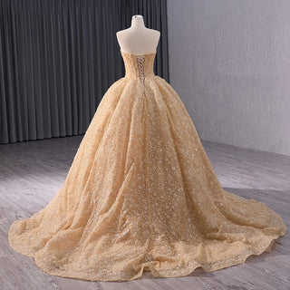 Elegant Golden Strapless Sequins Flower Ball Gown Evening Dress