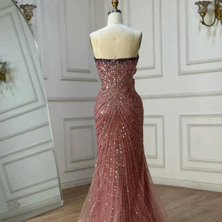 Saudi Arabic Pink Strapless Mermaid Evening Dress with High Split for Formal Occasion