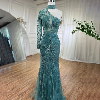 One-Shoulder Beaded Turquoise Mermaid Evening Dress for Women's Wedding Party