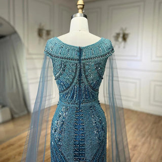 2024 Arabic Blue Mermaid Elegant Cape Sleeves Beaded Luxury Evening Dresses Gowns for Women Wedding Party