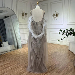 Arabic Caramel Elegant Mermaid Beaded Feathers Long Cloak Evening Dresses Gowns For Women Wedding Party