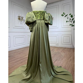 Arabic Olive Satin Mermaid Strapless Puff Sleeves Beaded Evening Dress - Gown for Women's Wedding Party 2024