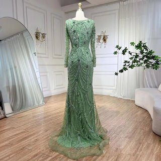 Luxury Dubai Green Mermaid Evening Dress - Elegant Crystal Beaded Arabic Gown for Women's Wedding Party (2024)