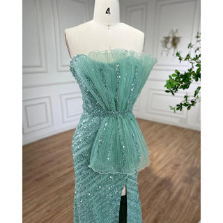 Turquoise Mermaid Evening Dress with High Split - Arabic Beaded Design for Women's Wedding Party