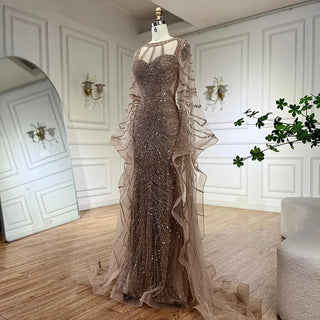 Ships in 1 to 3 Days - 2024 Arabic Caramel Mermaid Evening Gown with Beaded Cape Sleeves - Elegant Dress for Formal Occasions