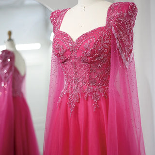 Arabic Fuchsia Evening Dress with Cape Sleeves Luxury Beaded Dubai Elegant Women Wedding Formal Party Gowns