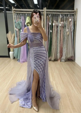 Dubai Graceful Off-Shoulder Mermaid Evening Gown - Arabic Sexy High Split Open Back Sequined Dress for Wedding Parties