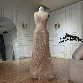 Customized Nude Spaghetti Strap Beaded Mermaid Gown with Detachable Long Sleeve Jacket for Formal Occasions