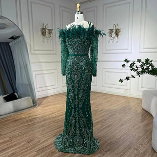 Luxury Dubai Green Boat Neck Mermaid Elegant Feathers Beaded Evening Dresses Gowns For Woman Wedding Party