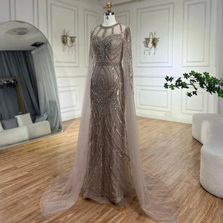 Ships in 1 to 3 Days - 2024 Arabic Caramel Mermaid Evening Dress with Beaded Elegant Cape Sleeves Gown for Women's Wedding Party