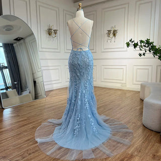 2024 Blue Mermaid Spaghetti Strap Beaded Luxury Evening Gown with Lace-Up Back for Women's Wedding Party