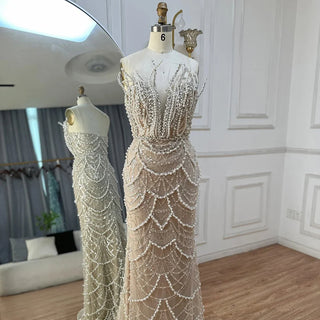 Ships in 2 to 5 Days - 2025 Nude Saudi Pearls Beaded Strapless Mermaid Evening Gown – Customized Elegance