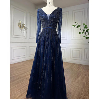 Modest Navy Blue Elegant A-Line Beaded Luxury Evening Dress - Formal Occasion Party Gown for Women