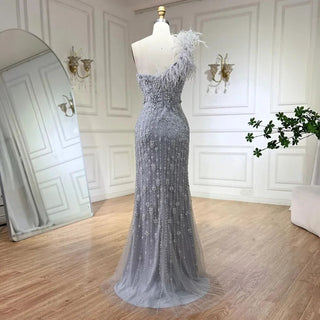 Gray Mermaid One Shoulder High Split Beaded Feather Luxury Evening Dress: 2024 for Women's Party