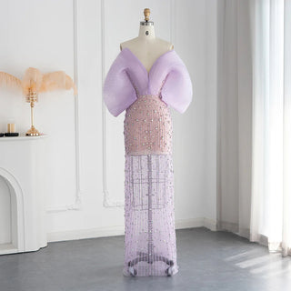 Golden Horizon: 2024 Dubai-Inspired Lilac Evening Gown - Elegant Off-Shoulder Design for Formal Events & Weddings