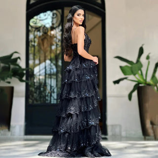 2024 Arabic Black Elegant One-Shoulder Tiered Side Slit A-Line Lace Luxury Prom Dress for Women's Party