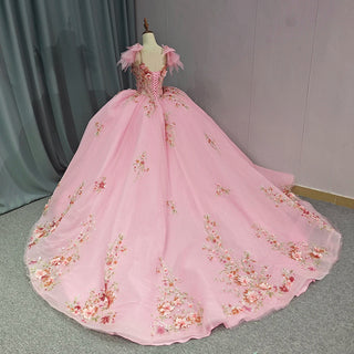 Exclusive Pink Bow Sequins Beaded Flower Ball Gown Evening Dress